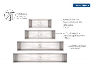 Canal Organizador em Aço Inox Tramontina para Sobrepor com Acabamento Scotch Brite 45x18 cm