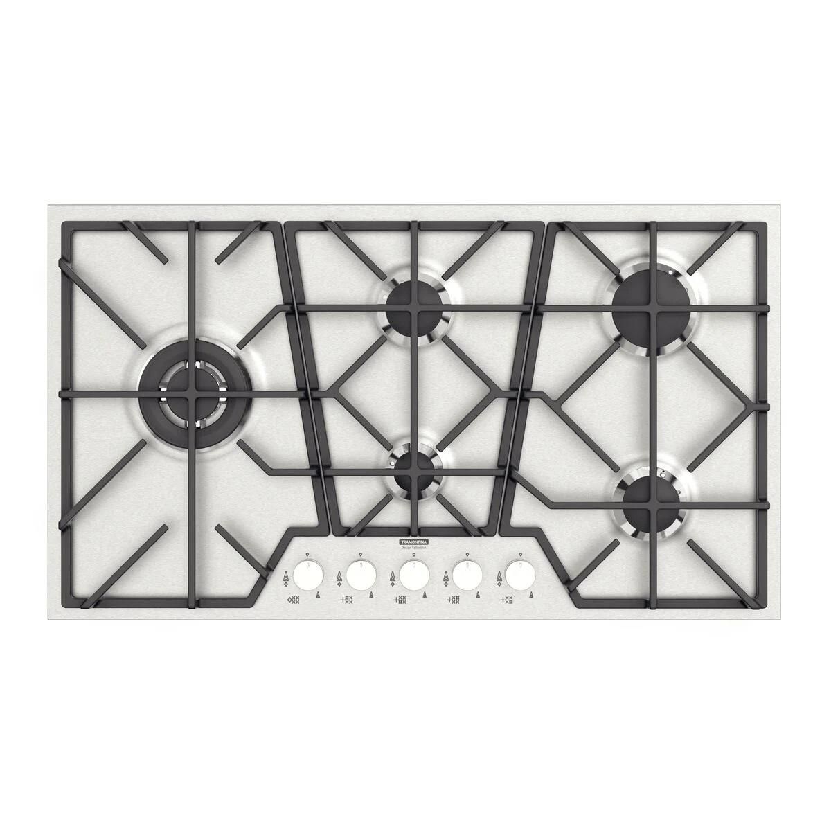 Cooktop a Gás Tramontina Design Collection Penta Inox Full 5 GX 90 em Aço Inox e Trempes em Ferro Fundido