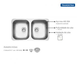 Cuba de embutir Isis Plus 2C 34 BL em Aço Inox Acetinado -94030/102- Tramontina