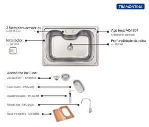 Cuba de Sobrepor em Aço Inox Morgana 60 FX com Válvula, Dosador de Sabão, Cesta coador e Torneira - 93806/172- Tramontina