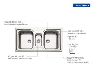 Cuba de Sobrepor Marea 2 Cubas e Auxiliar em Aço Inox com Acabamento Acetinado 100 x 50 cm com Válvula - Tramontina