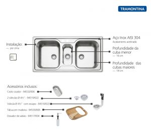 Cuba de Sobrepor Marea 2.5C 34 em Aço Inox com acessórios Válvula, Dosador, Tábua e Cesto - 93816/533- Tramontina