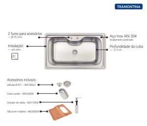 Cuba de Sobrepor Morgana Maxi 78 FX em Aço Inox com Válvula Dosador de Sabão Tábua e Cesto Coador -93801/102- Tramontina