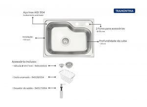 Cuba Morgana Compact 48 FX em Aço Inox + válvula, cesta aramada e dosador de sabão - Tramontina