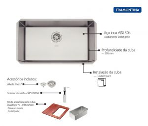 Cuba Quadrum Undermount 70 em Aço Inox com Dosador de Sabão, Tábua e Cesto 94000/153- Tramontina