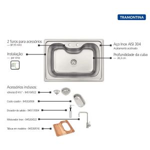 Cuba Sobrepor Inox Morgana 60 Fx Com Misturador E Acessórios - Tramontina