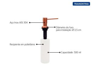 Dosador de Sabão Tramontina em Aço inox Rose Gold com Recipiente Plástico 500 ml com revestimento PVD