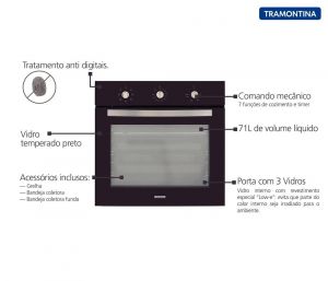 Forno Elétrico de Embutir New Glass Black 71L 220V - Tramontina