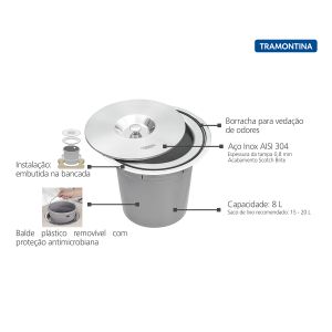 Lixeira De Embutir Clean Round Inox Com Balde 8 Litros Tramontina