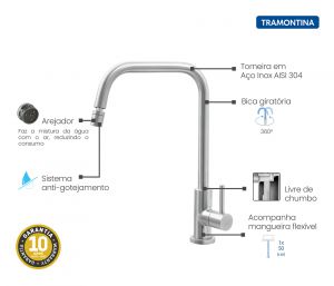 Torneira de Bancada Angolare em Aço Inox com sistema anti-gotejamento - Tramontina